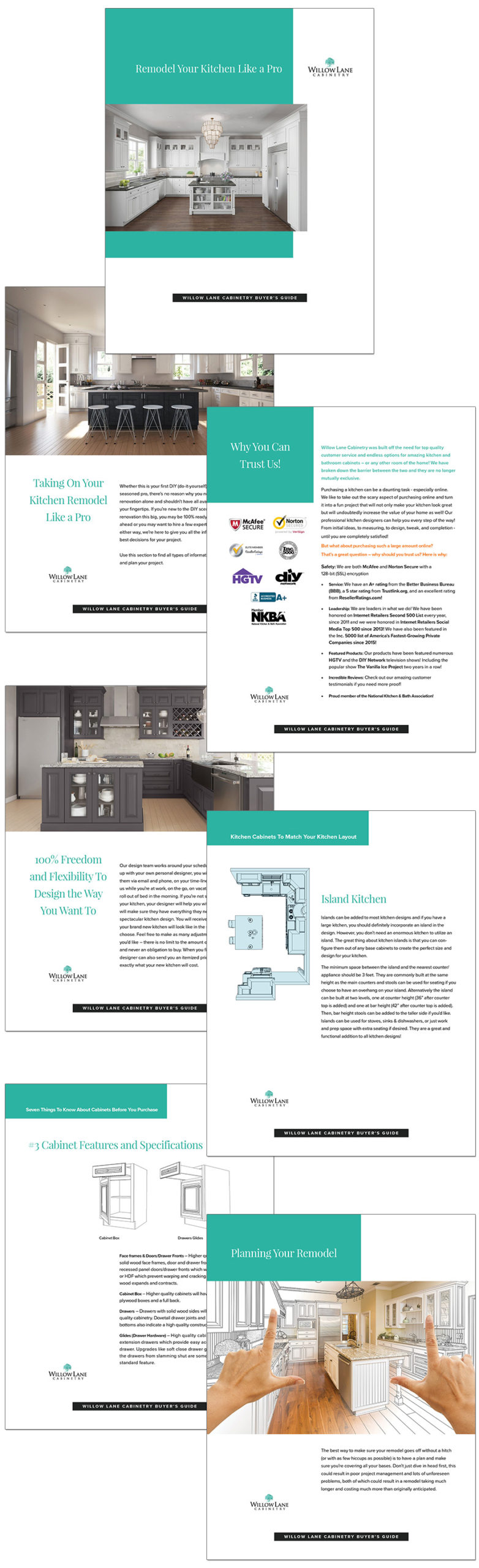 A few page designs from the Willow Lane buyers guide brochure